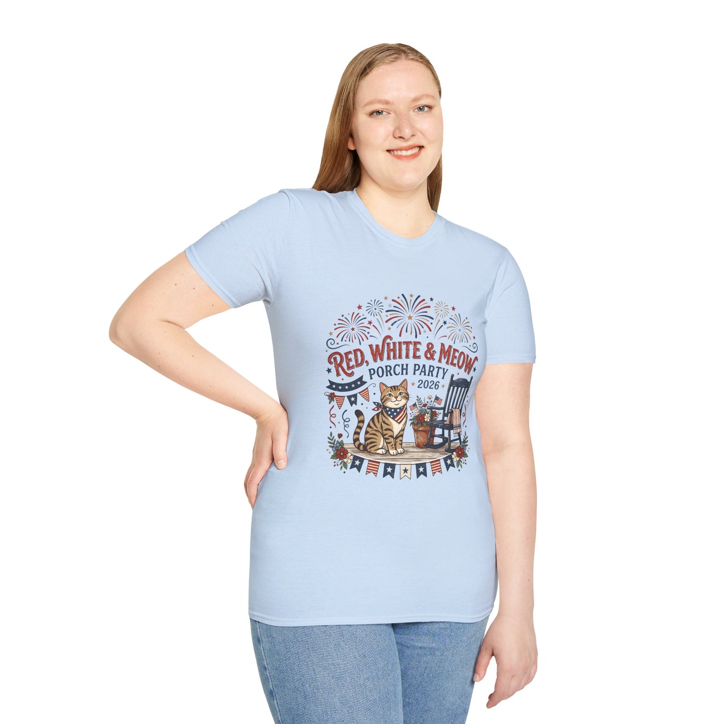 Red, White & Meow Porch Party T-Shirt — 2026 Patriotic Cat Tee, 4th of July Shirt, Independence Day Gift