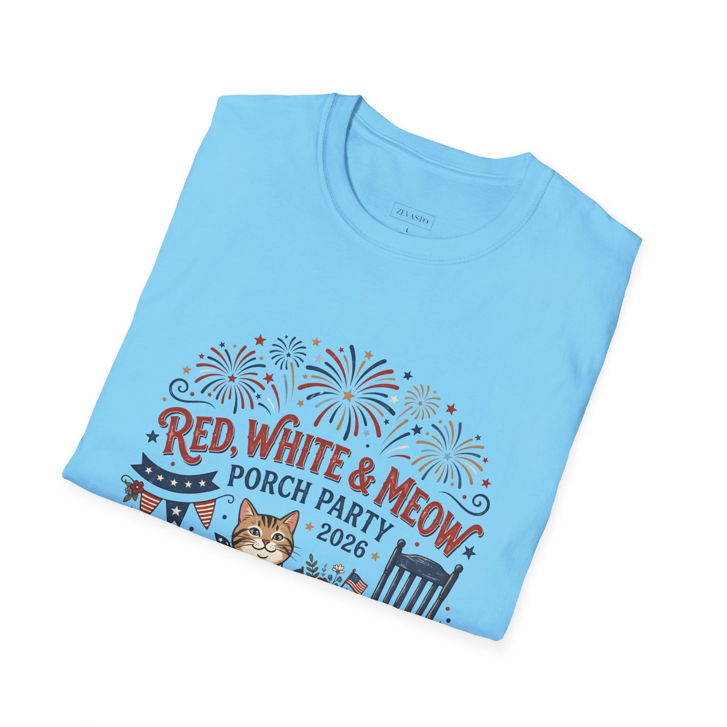 Red, White & Meow Porch Party T-Shirt — 2026 Patriotic Cat Tee, 4th of July Shirt, Independence Day Gift
