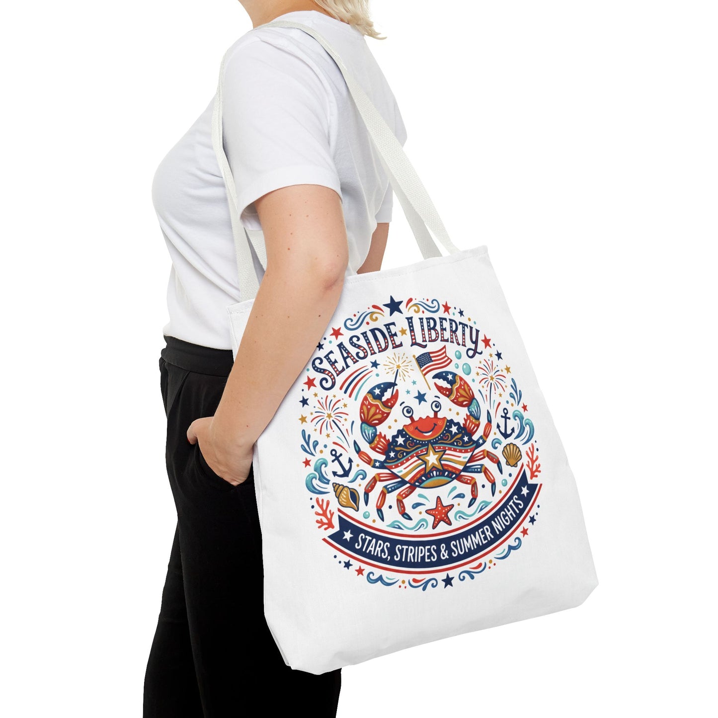 Seaside Liberty Tote Bag — 4th of July, Patriotic Bag "Stars, Stripes & Summer Nights"