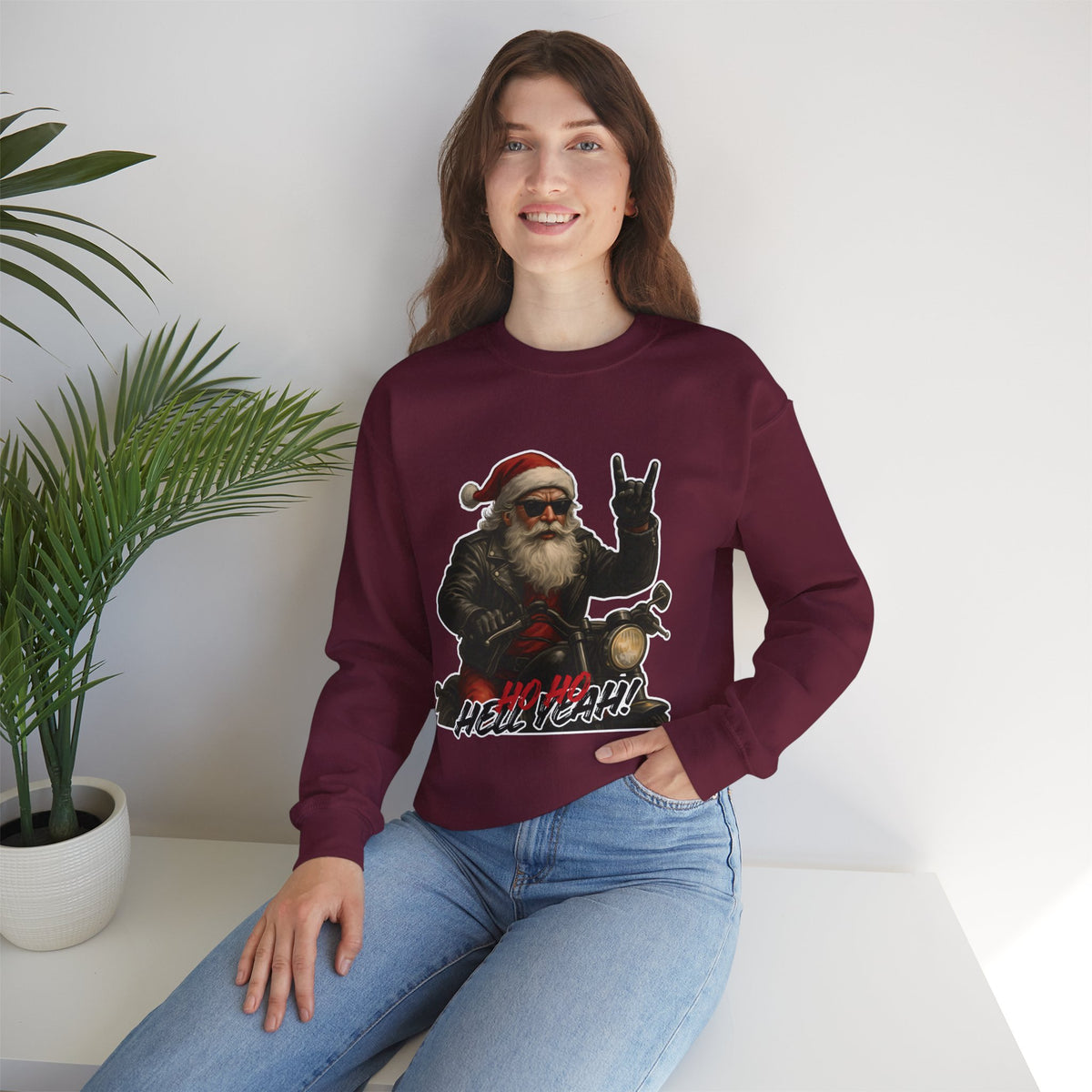 Santa Biker Crewneck Sweatshirt – 'Ho Ho Hell Yeah' Christmas Motorcycle Pullover
