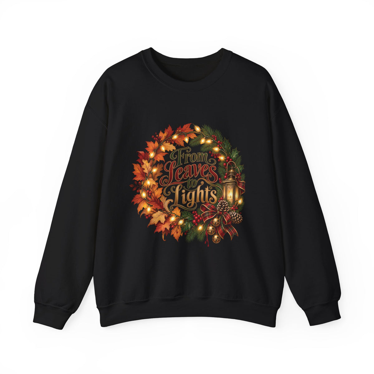 Christmas Crewneck Sweatshirt — "From Leaves to Lights" Autumn to Holiday Wreath Design