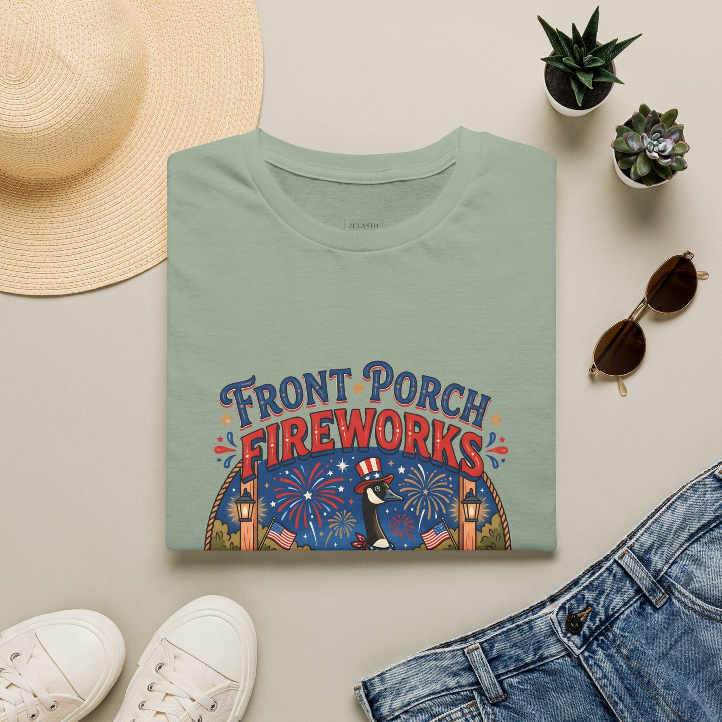 Front Porch Fireworks, Goose T-Shirt — Patriotic 4th of July Celebration Tee