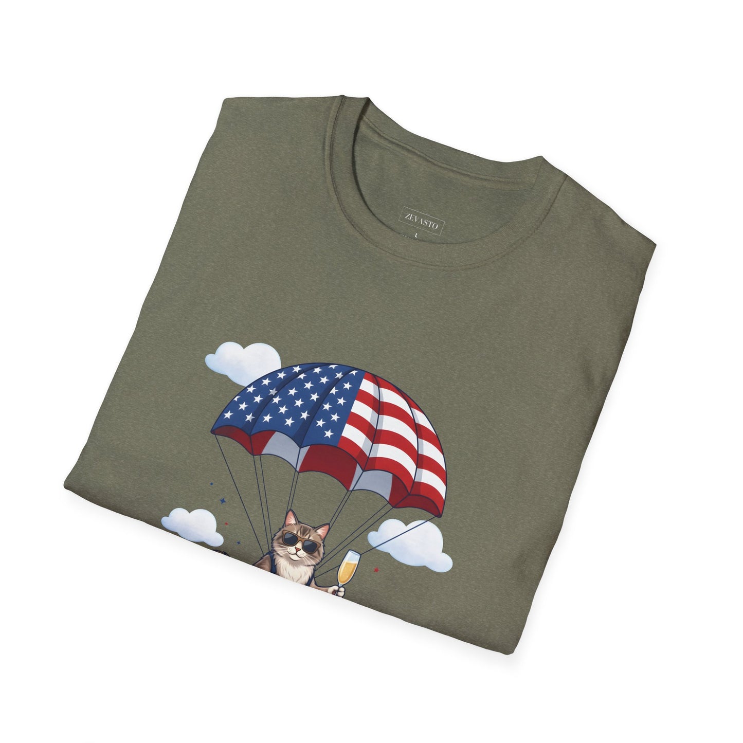 Patriotic Cat Parachute T-Shirt — "Celebrating 250 Years" 4th of July Tee