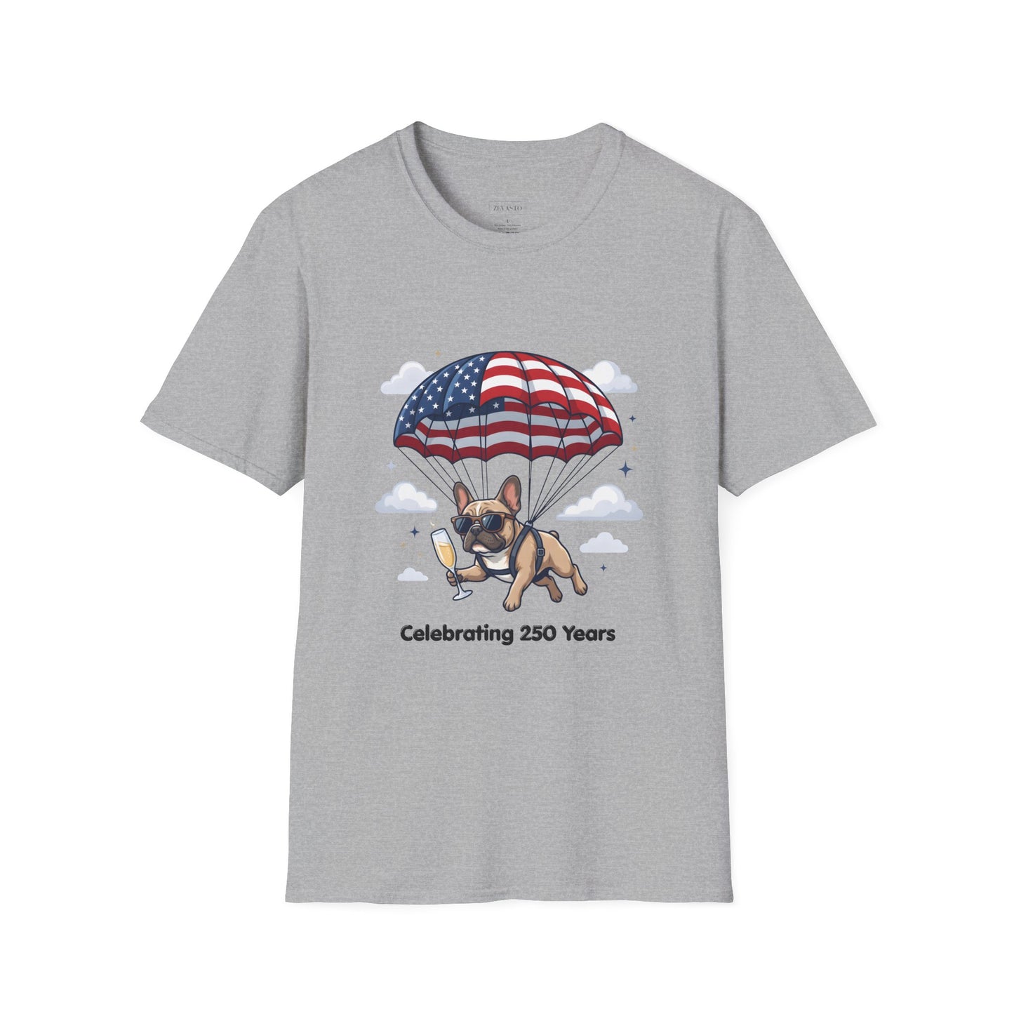 Patriotic French Bulldog T-Shirt — "Celebrating 250 Years" Parachute Design