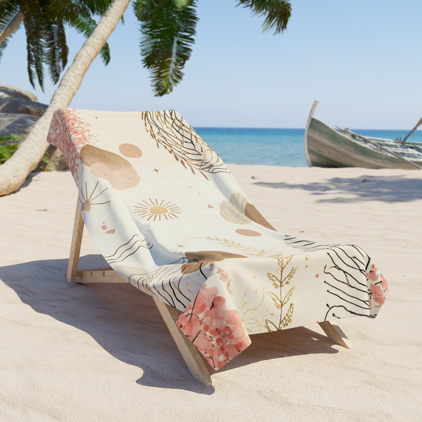 Boho Coral Seas Beach Towel — Abstract Coastal Sun & Seaweed Design