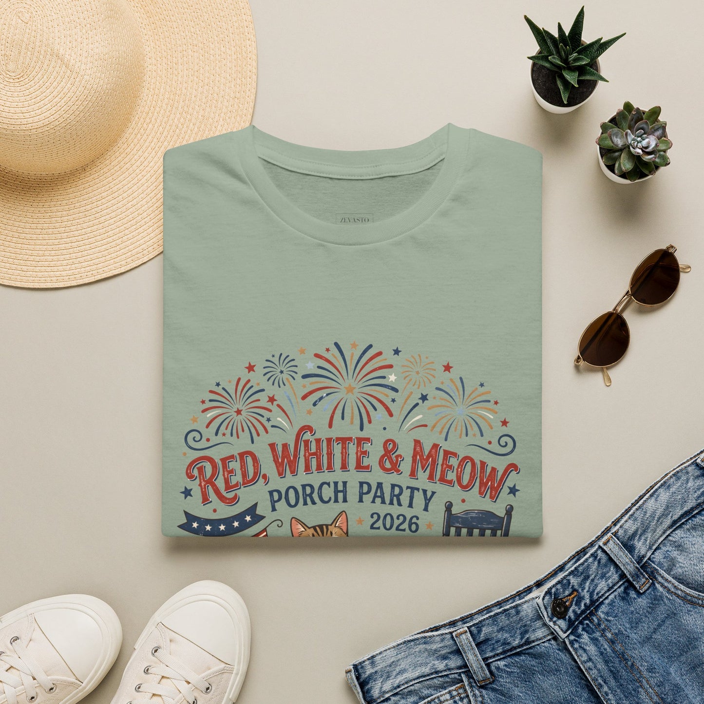 Red, White & Meow Porch Party T-Shirt — 2026 Patriotic Cat Tee, 4th of July Shirt, Independence Day Gift