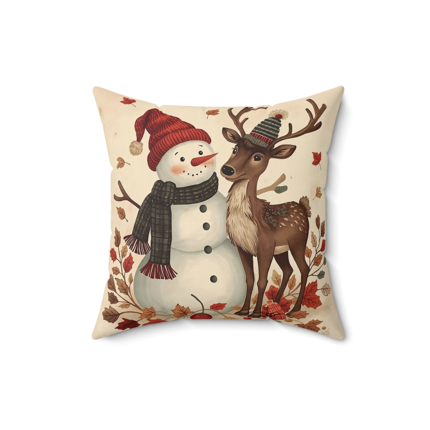 Festive Snowman & Reindeer Holiday Pillow — Cozy Christmas Decorative Throw Pillow