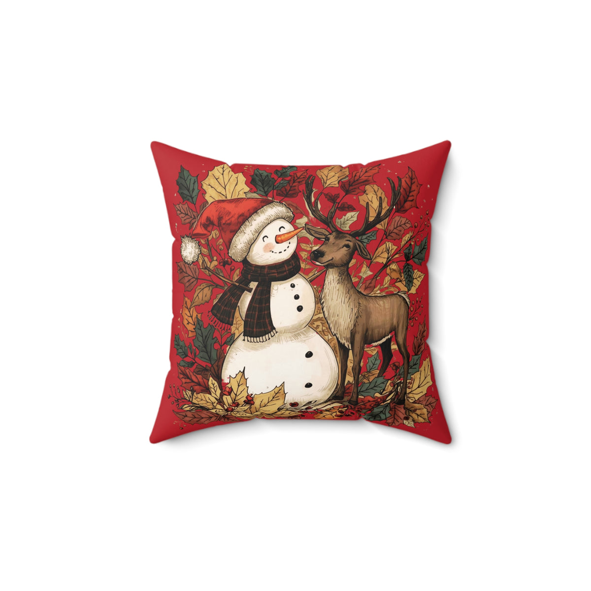 Christmas Snowman & Reindeer Decorative Pillow — Red Holiday Throw Cushion