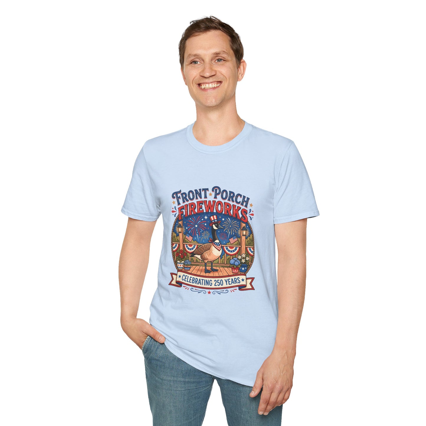 Front Porch Fireworks, Goose T-Shirt — Patriotic 4th of July Celebration Tee