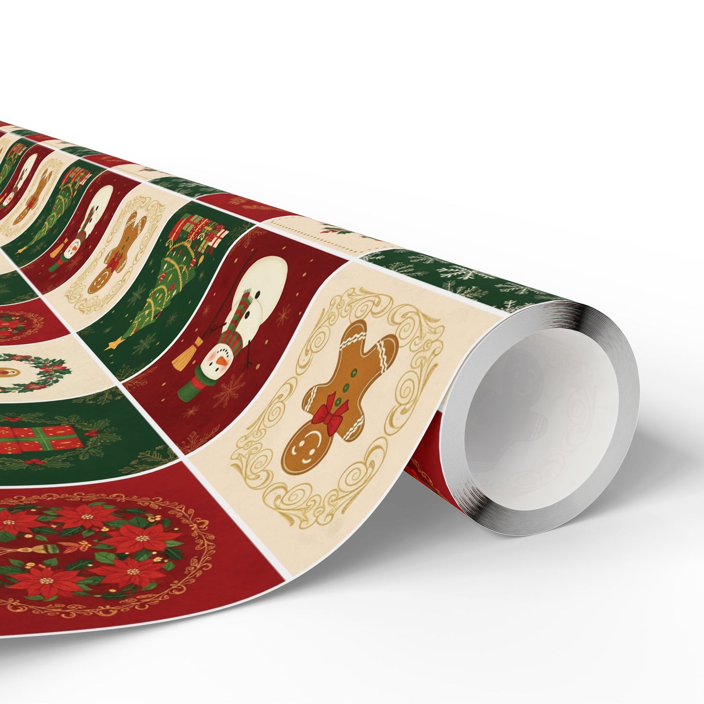 Christmas Patchwork Wrapping Paper Roll — Holiday Gift Wrap with Gingerbread, Snowman & Reindeer