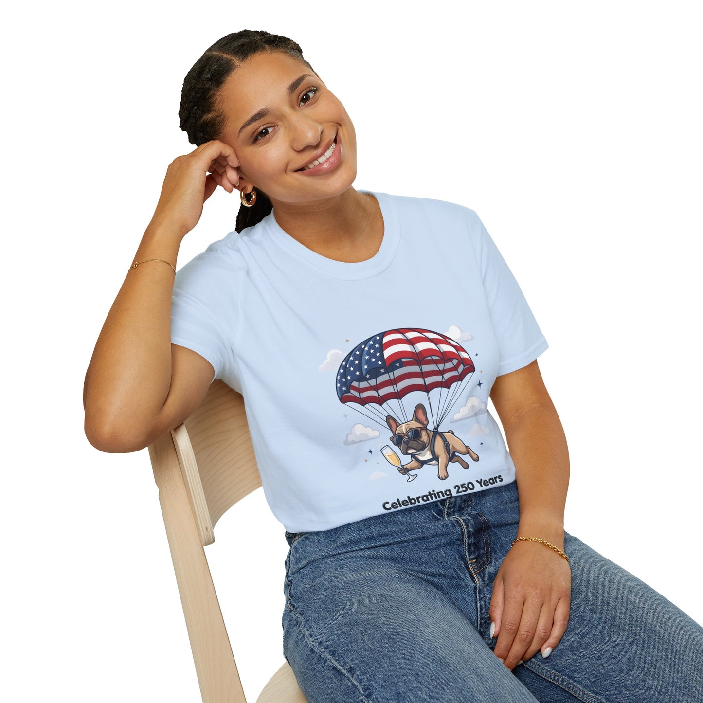 Patriotic French Bulldog T-Shirt — "Celebrating 250 Years" Parachute Design