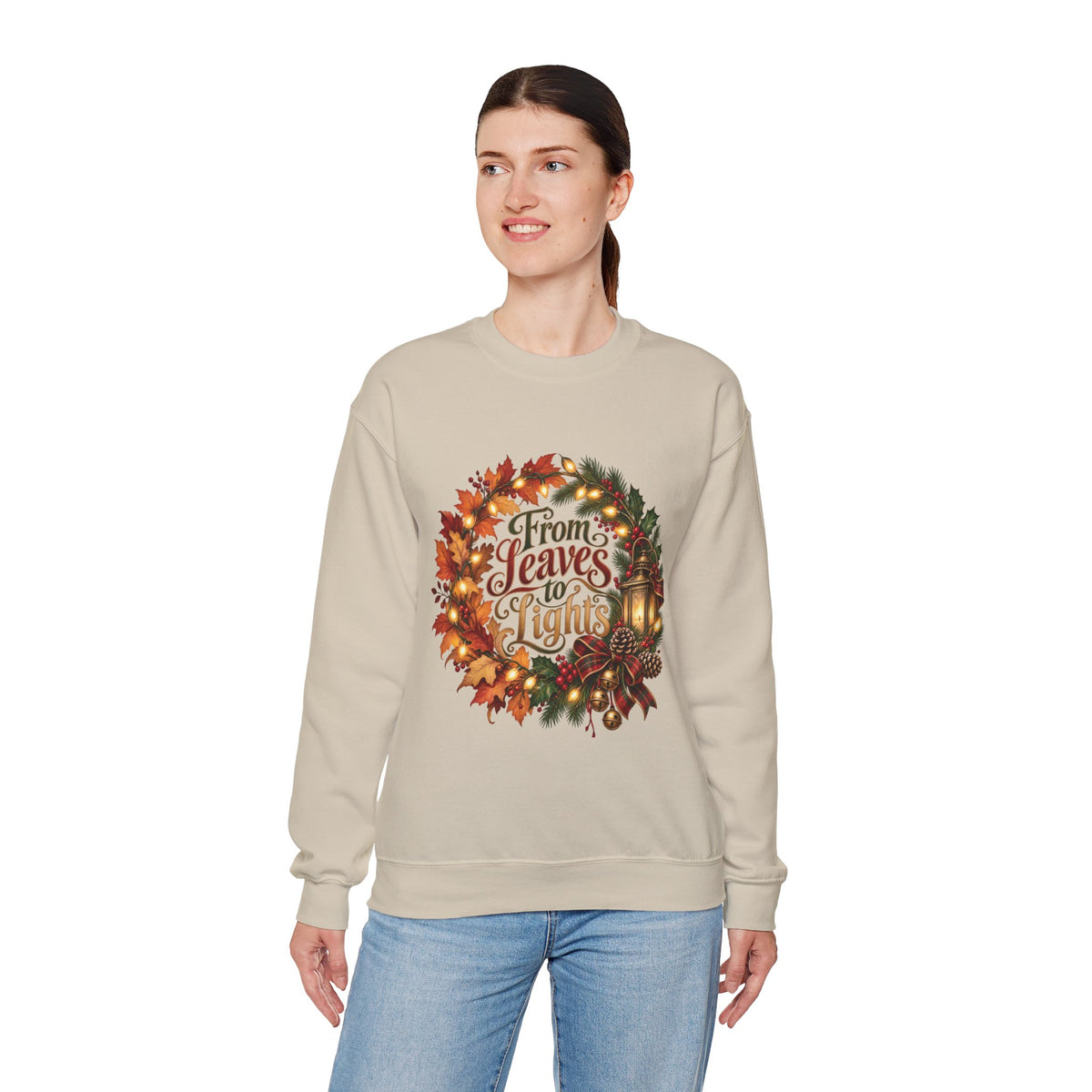Christmas Crewneck Sweatshirt — "From Leaves to Lights" Autumn to Holiday Wreath Design