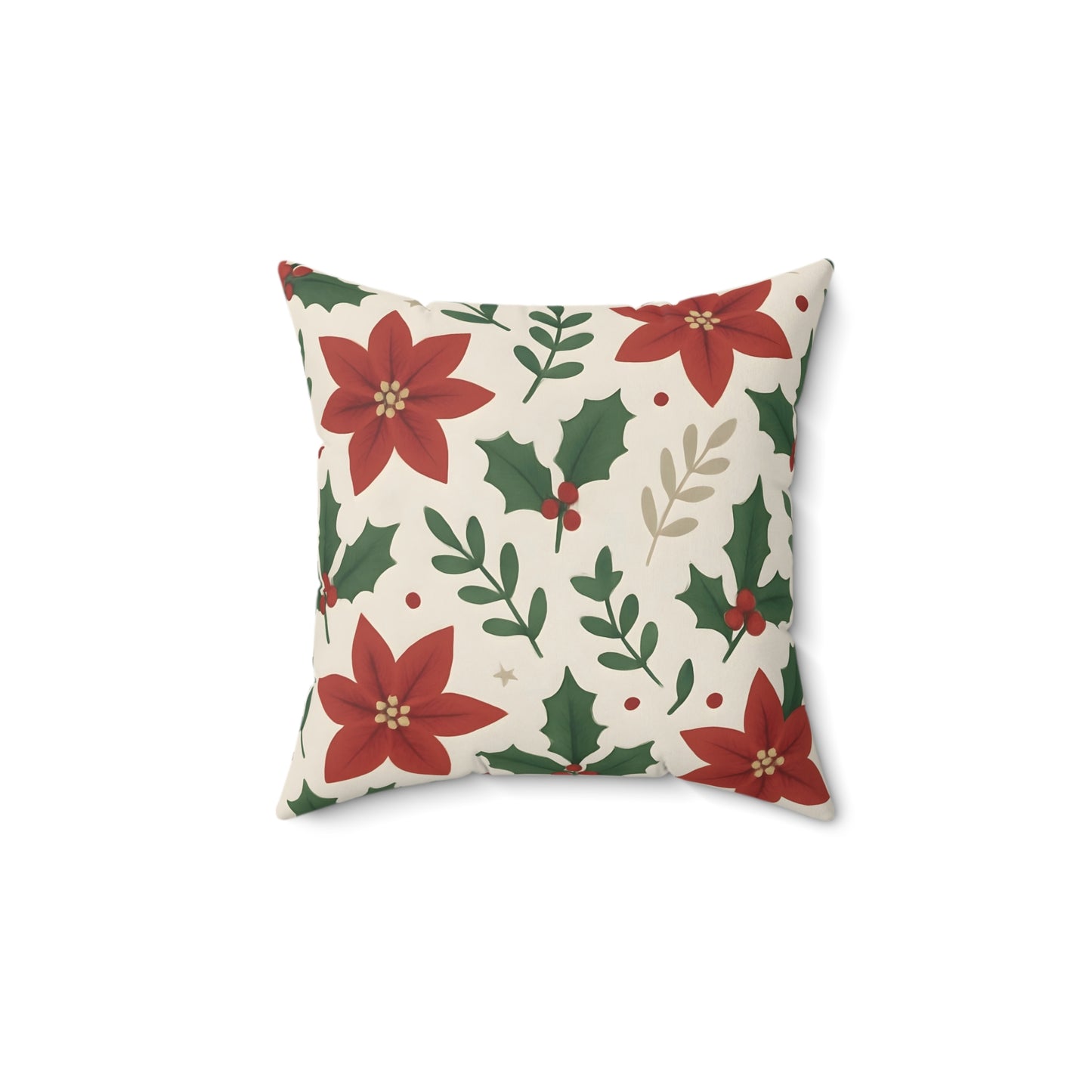Poinsettia and Holly Leaves Holiday Throw Pillow - Festive Christmas Floral Decorative Cushion