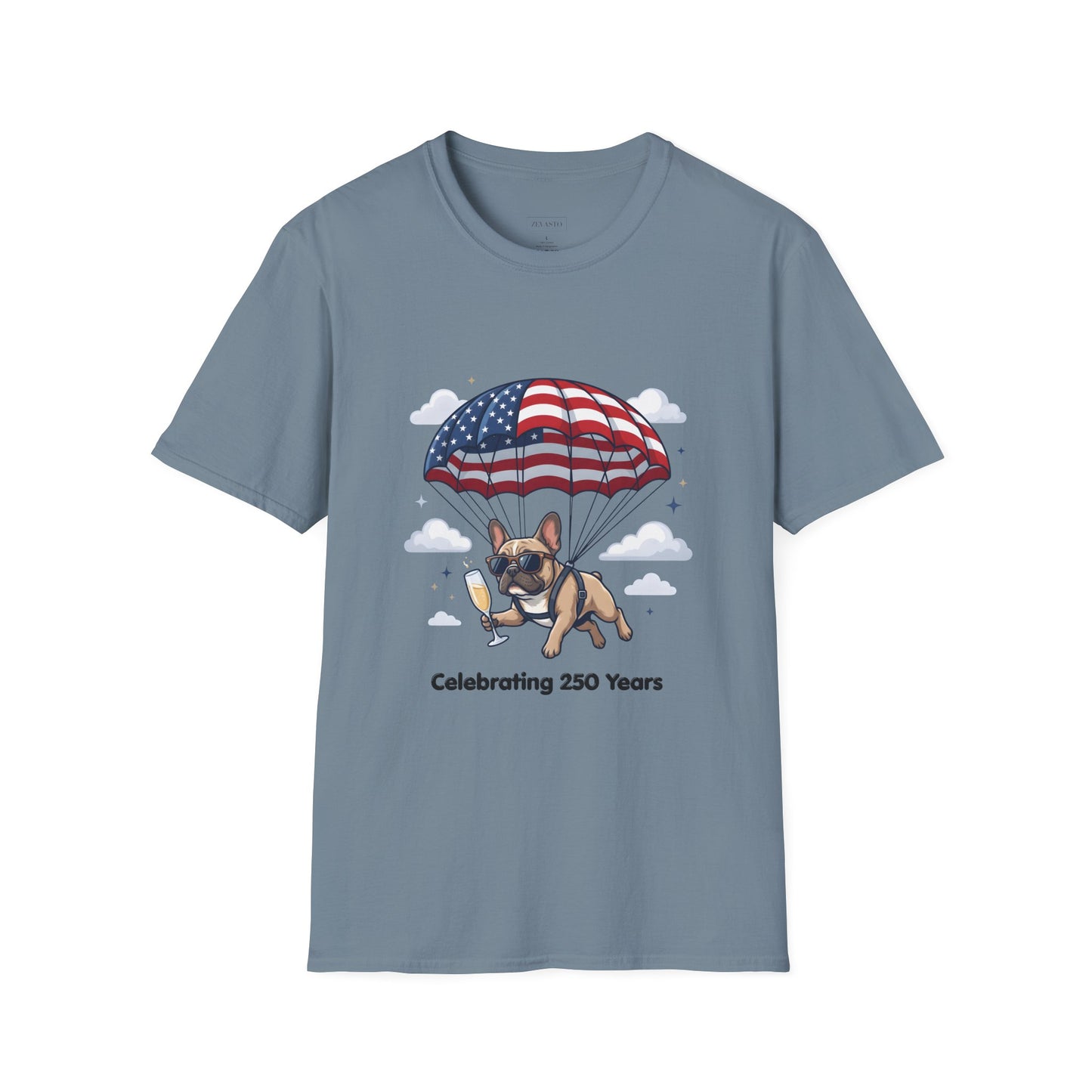 Patriotic French Bulldog T-Shirt — "Celebrating 250 Years" Parachute Design