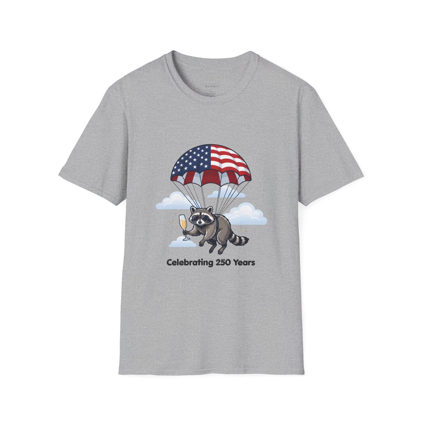 Patriotic Parachuting Raccoon T-Shirt — "Celebrating 250 Years"
