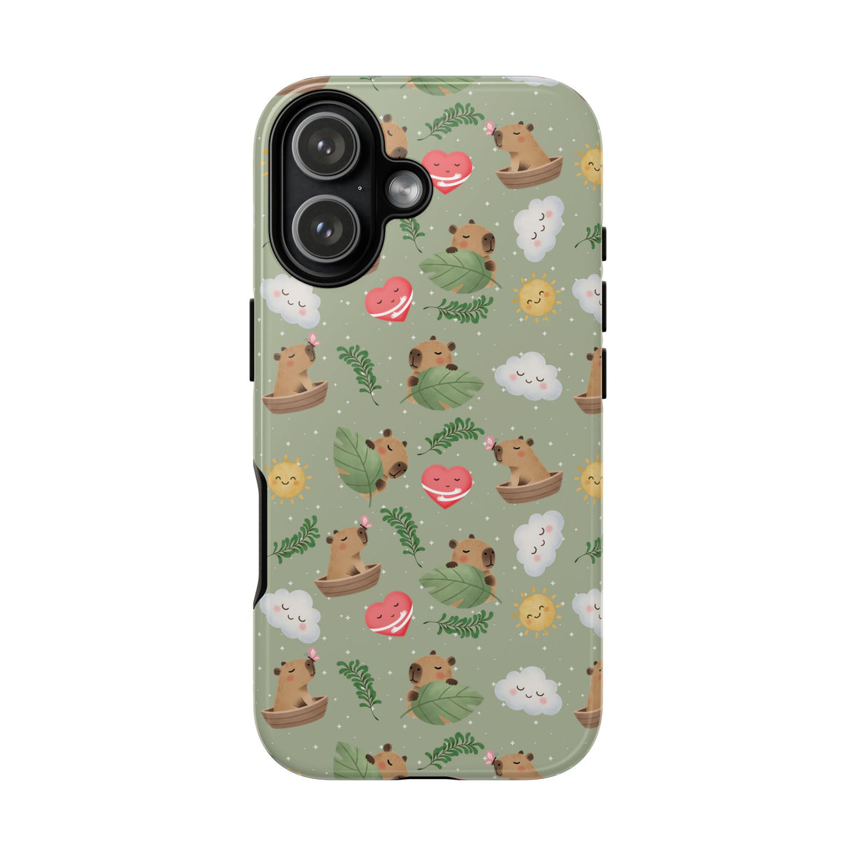 Cute Capybara Pattern Phone Case — Green Botanical Tough Case
