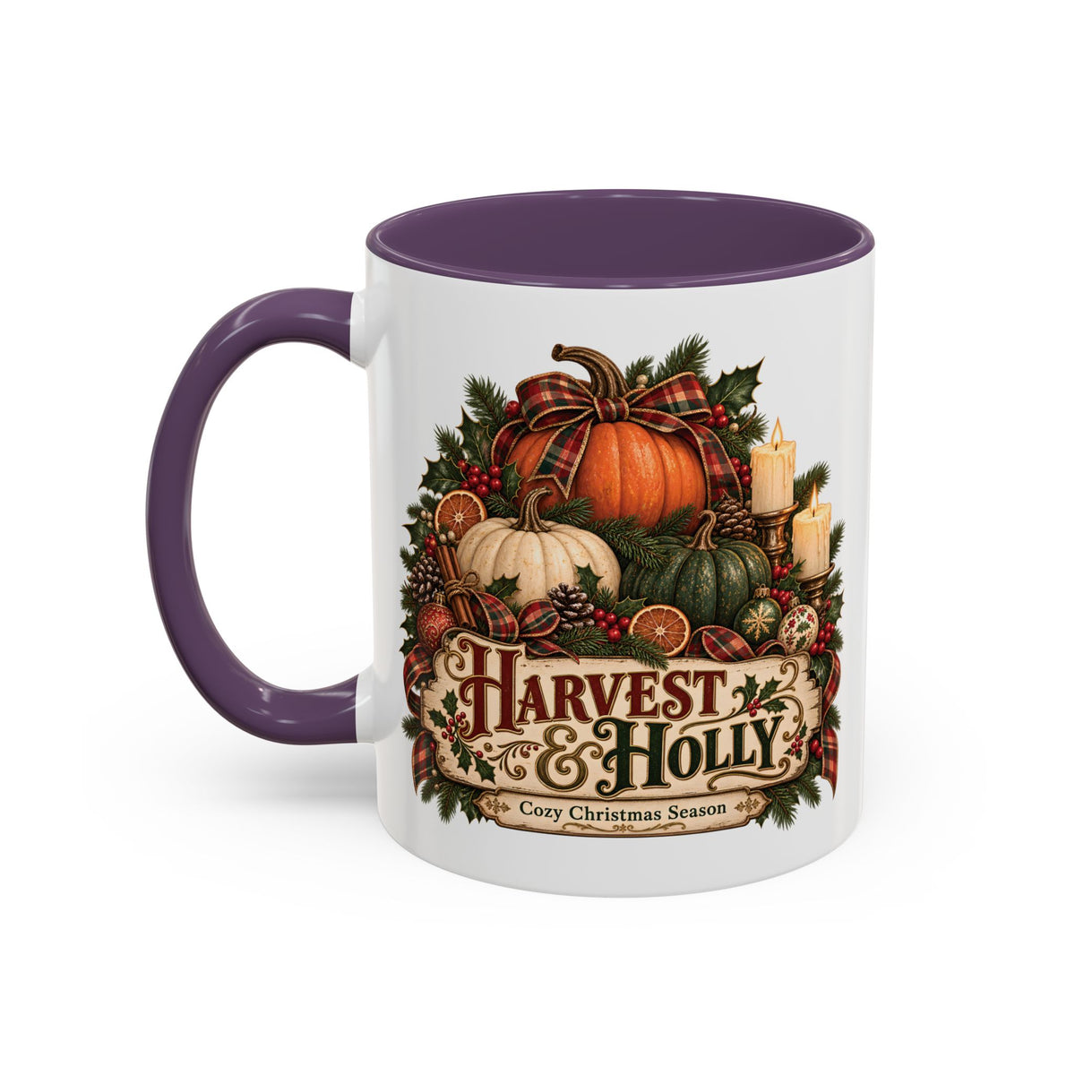 Harvest & Holly Accent Coffee Mug - Vintage Christmas Holiday Mug (11 oz)