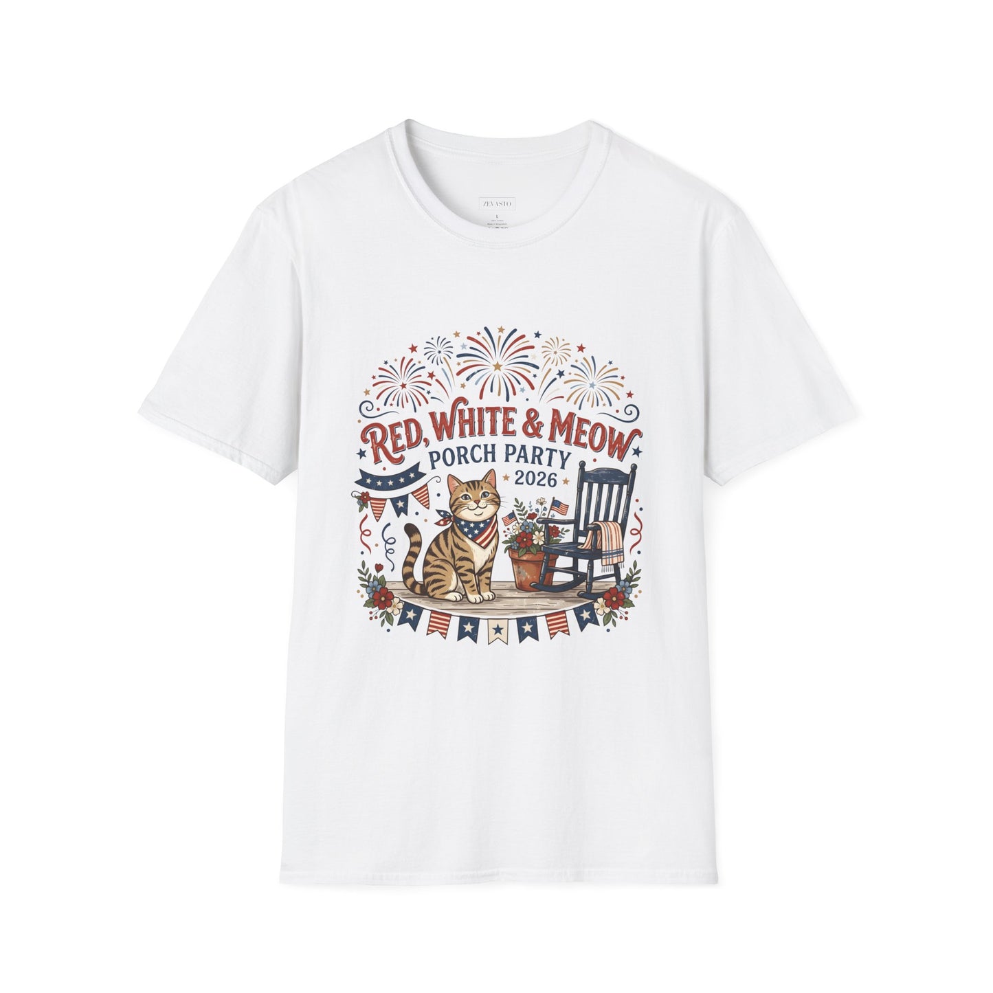 Red, White & Meow Porch Party T-Shirt — 2026 Patriotic Cat Tee, 4th of July Shirt, Independence Day Gift