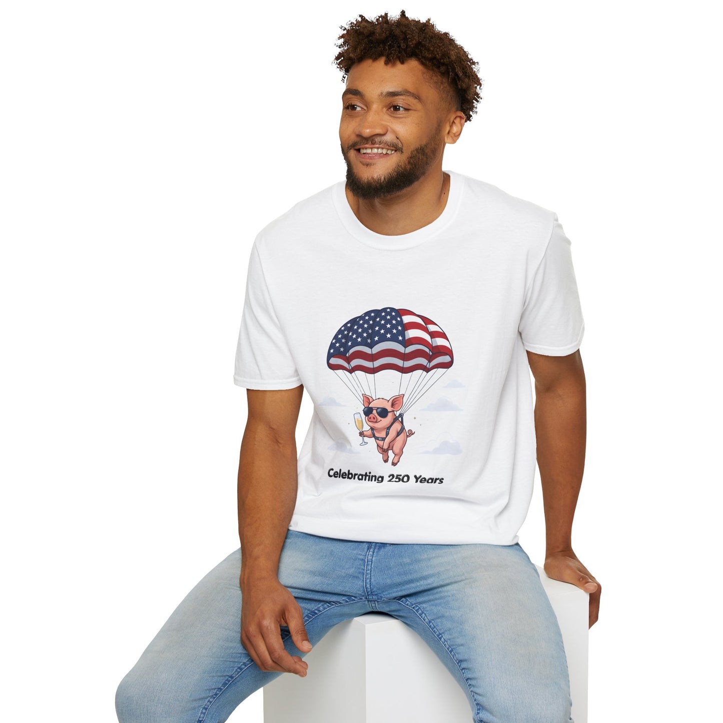 Patriotic Parachuting Piglet T-shirt - “Celebrating 250 Years”
