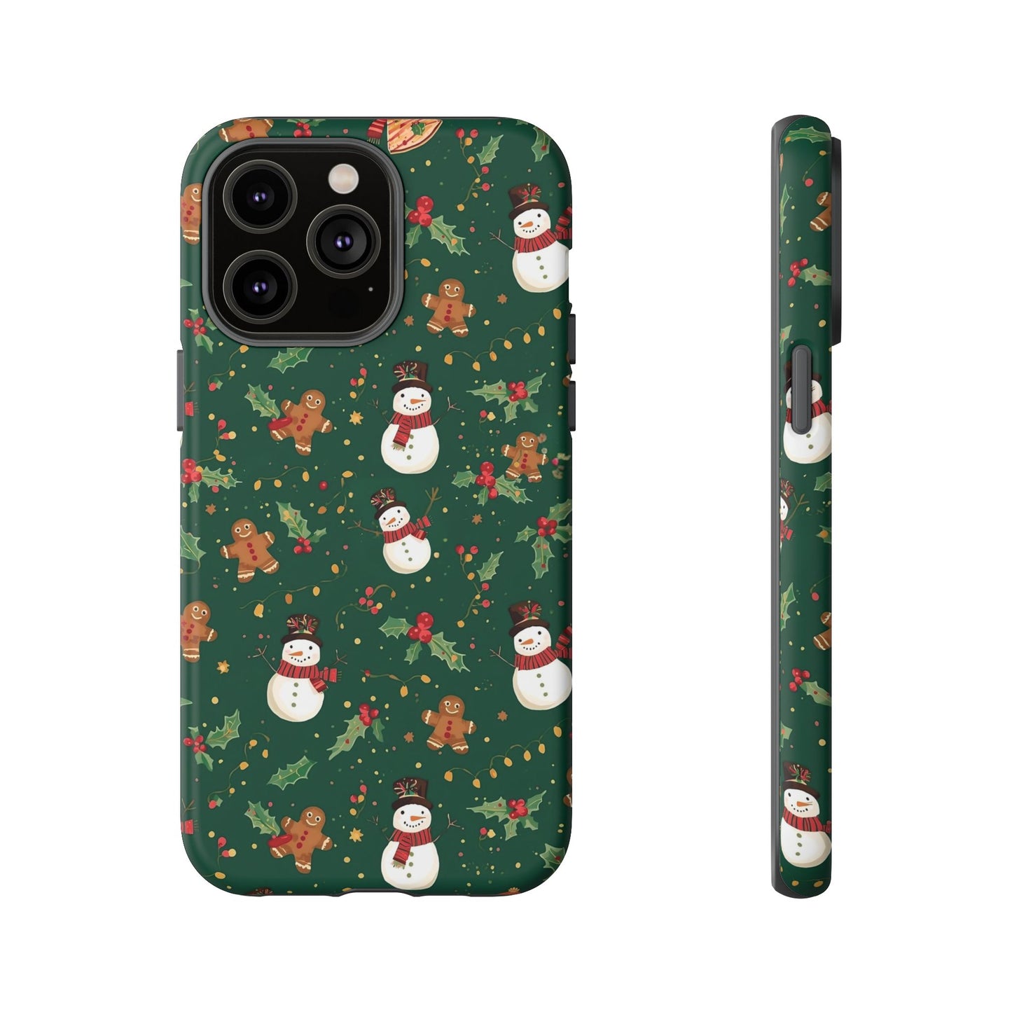 Christmas Phone Case with Snowmen and Gingerbread Design, Dual Layer Phone Case for Iphone 17, 16, 15, 14, 13, 12, 11 & Samsung
