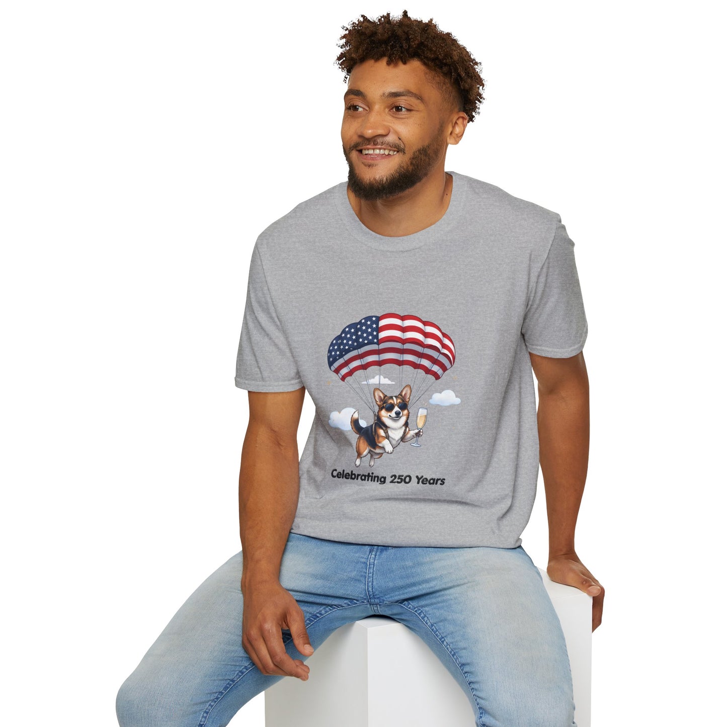 Corgi Parachute American Flag T-Shirt — "Celebrating 250 Years" Patriotic Tee