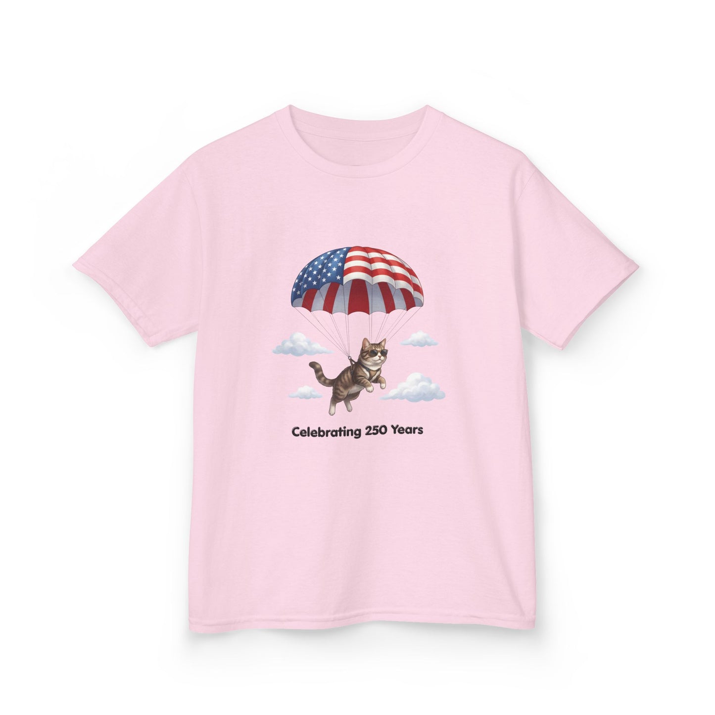 Kids Patriotic Parachuting Cat Tee — "Celebrating 250 Years"