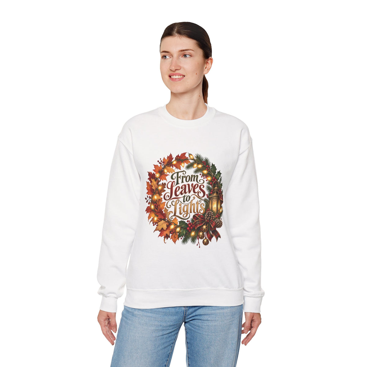 Christmas Crewneck Sweatshirt — "From Leaves to Lights" Autumn to Holiday Wreath Design