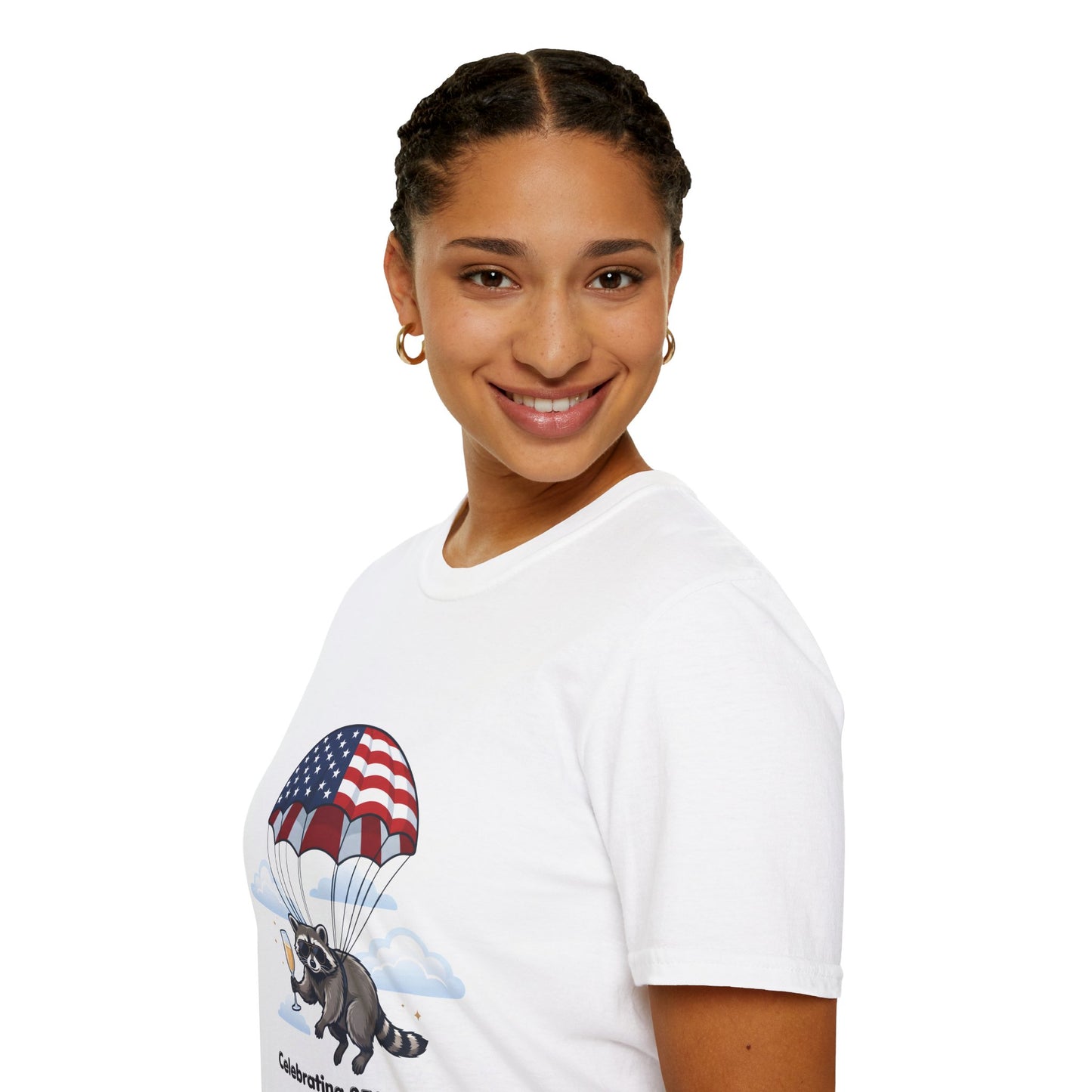 Patriotic Parachuting Raccoon T-Shirt — "Celebrating 250 Years"