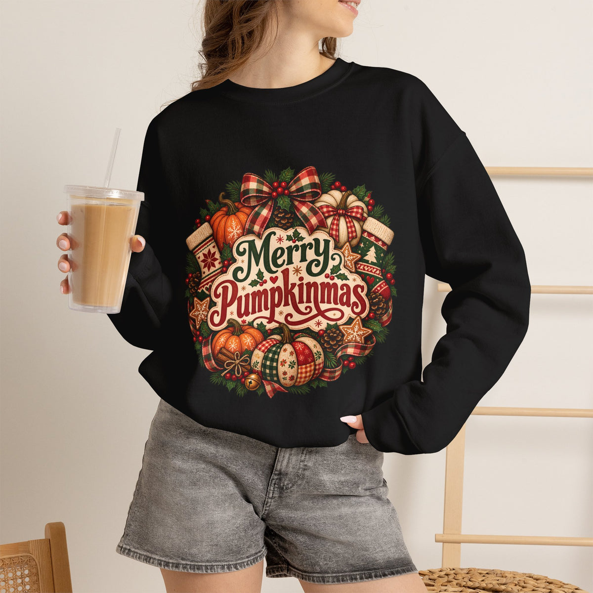 Merry Pumpkinmas Sweatshirt — Holiday Pumpkin Wreath Crewneck