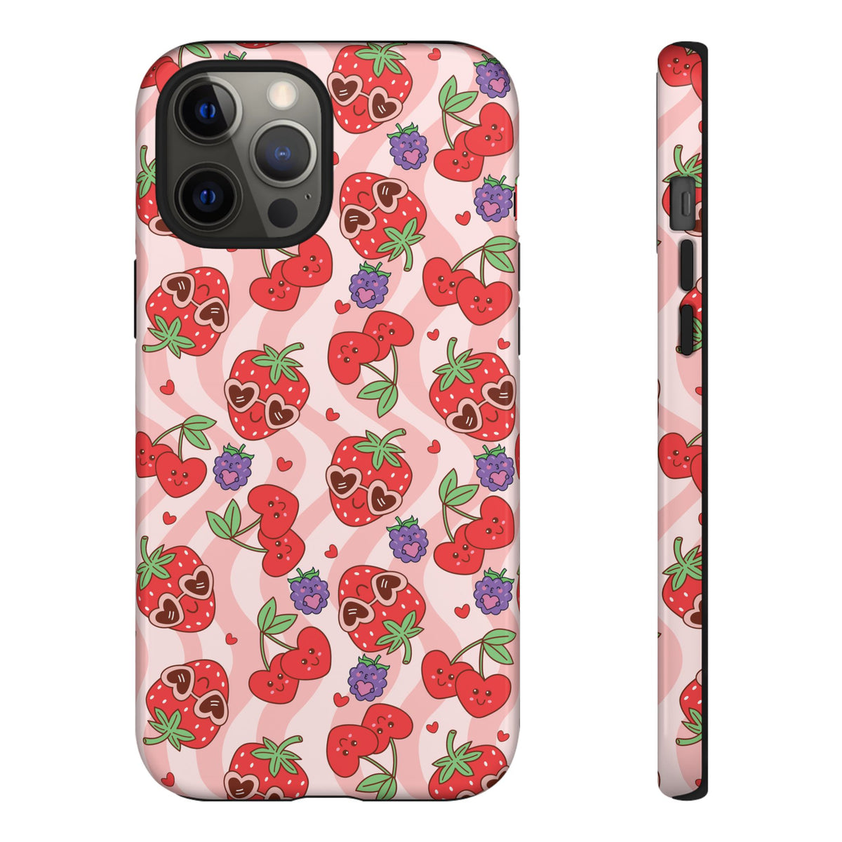 Cute Kawaii Strawberry & Cherry Phone Case — Pink Fruit Pattern Protective Case