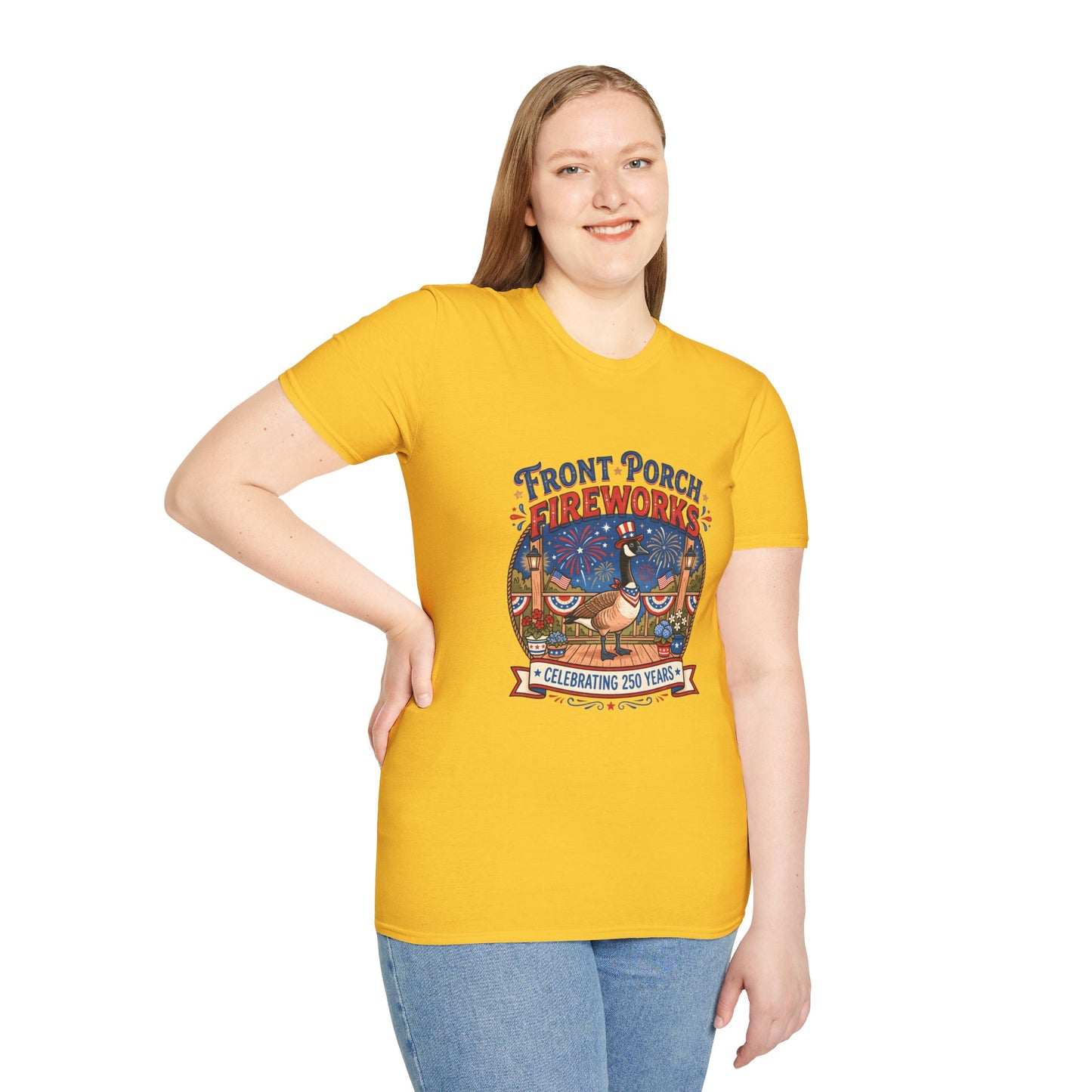 Front Porch Fireworks, Goose T-Shirt — Patriotic 4th of July Celebration Tee