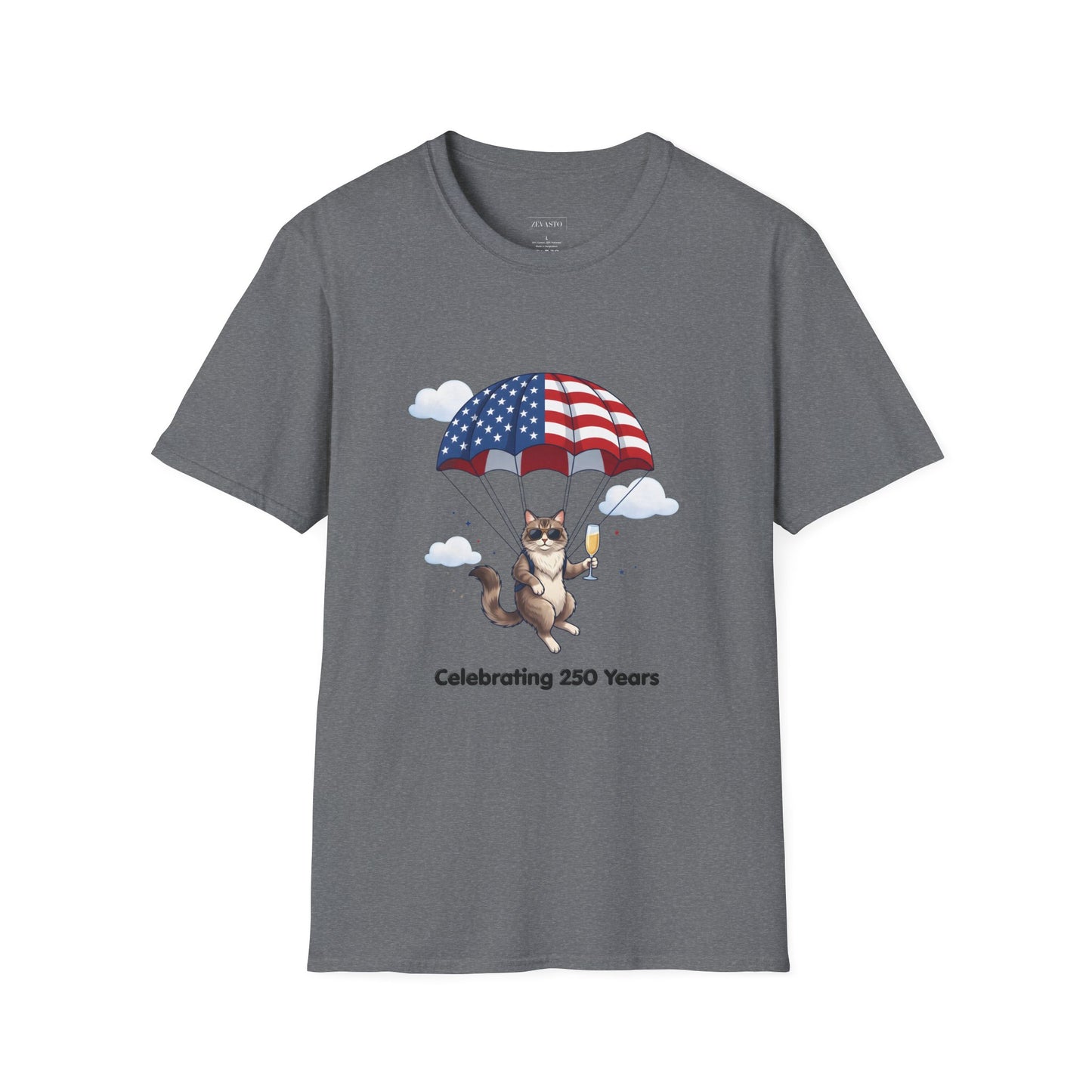 Patriotic Cat Parachute T-Shirt — "Celebrating 250 Years" 4th of July Tee