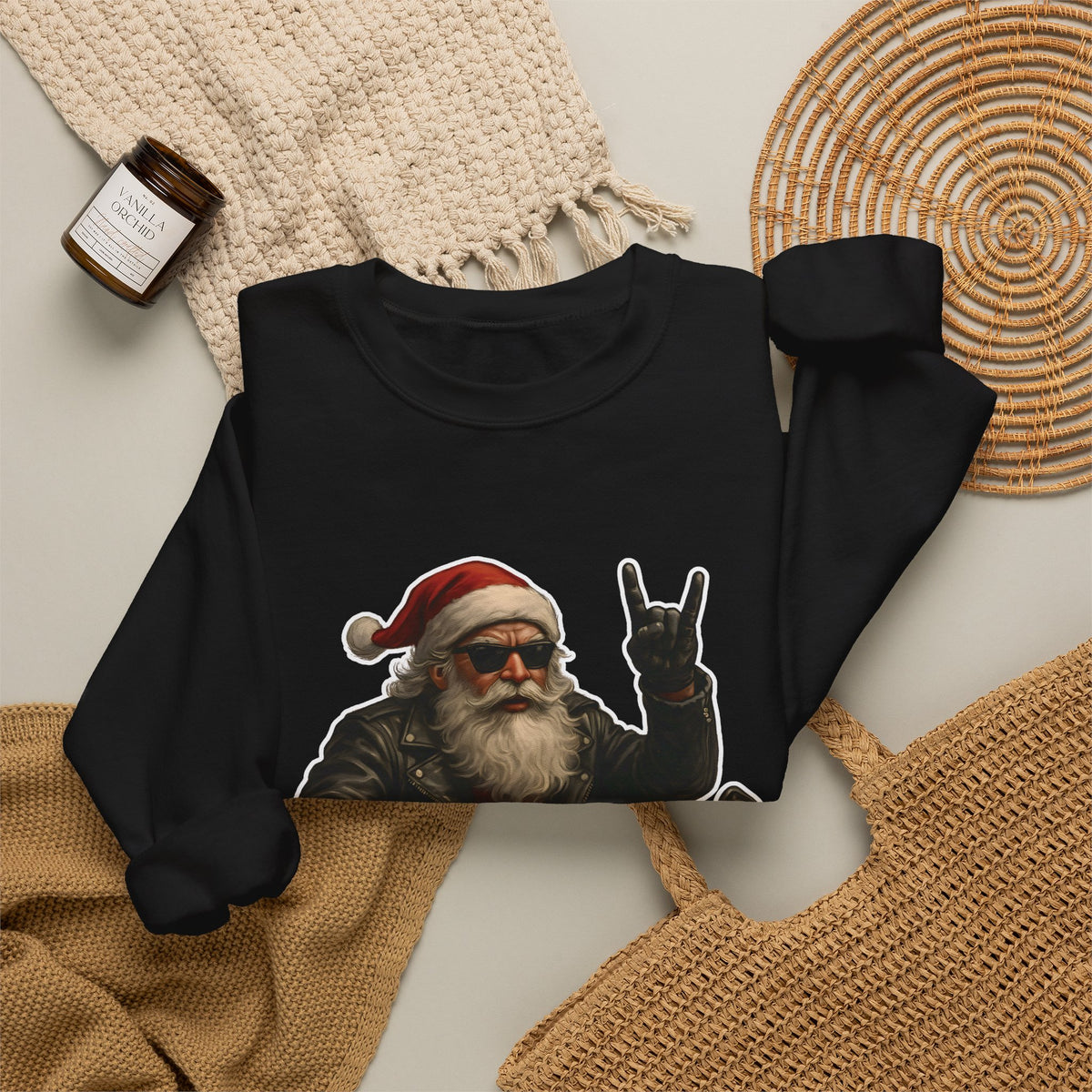Santa Biker Crewneck Sweatshirt – 'Ho Ho Hell Yeah' Christmas Motorcycle Pullover