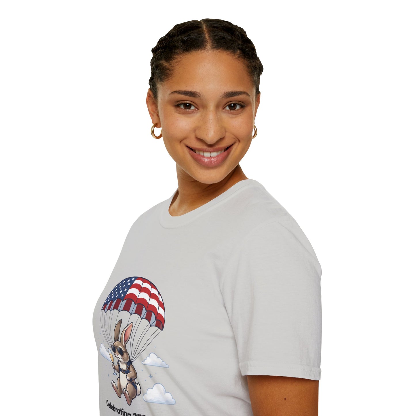 Patriotic Parachuting Bunny T-Shirt — "Celebrating 250 Years"