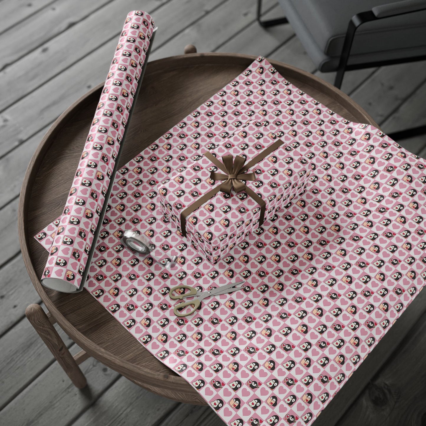 Penguin Hearts Wrapping Paper Roll — Pink Valentine Gift Wrap