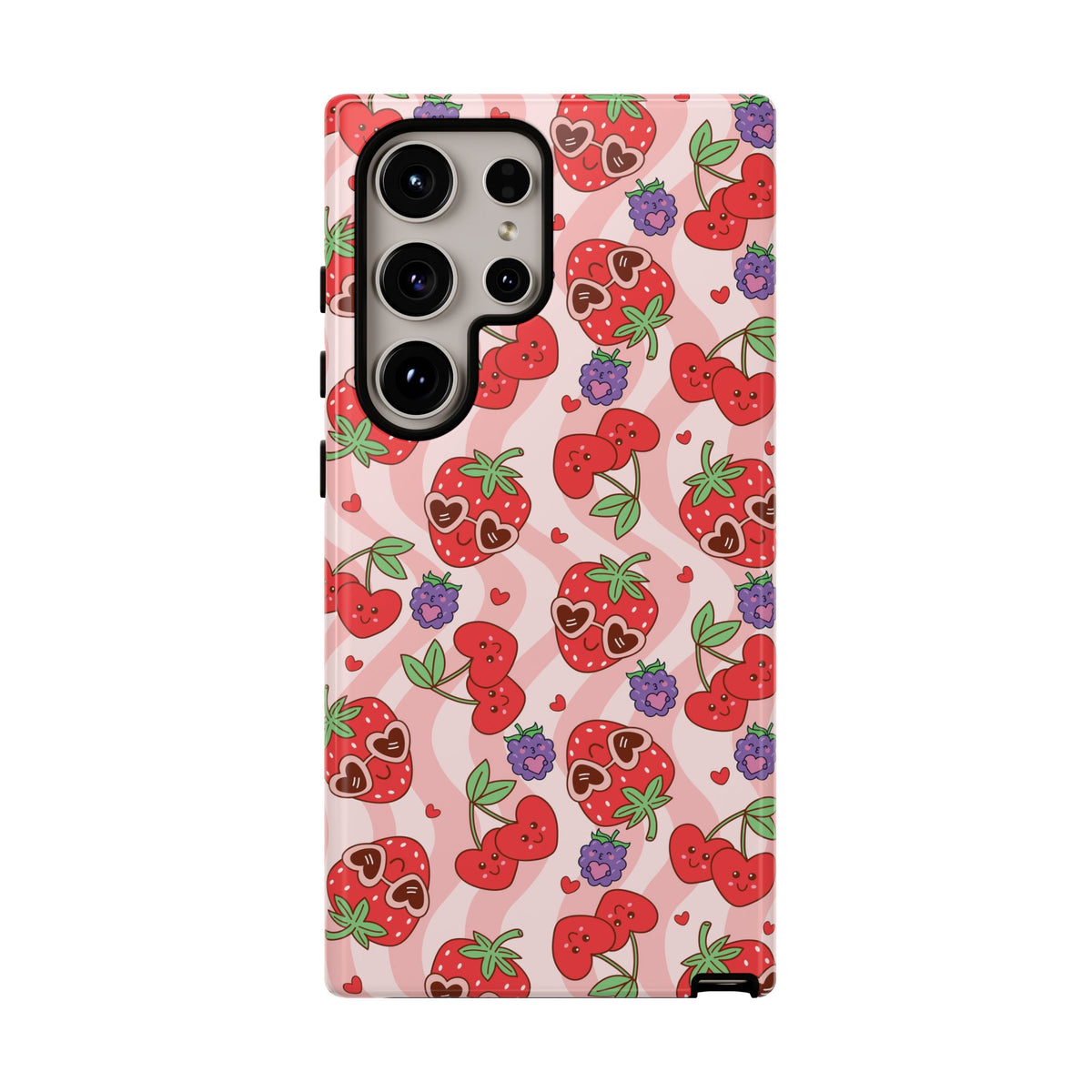 Cute Kawaii Strawberry & Cherry Phone Case — Pink Fruit Pattern Protective Case