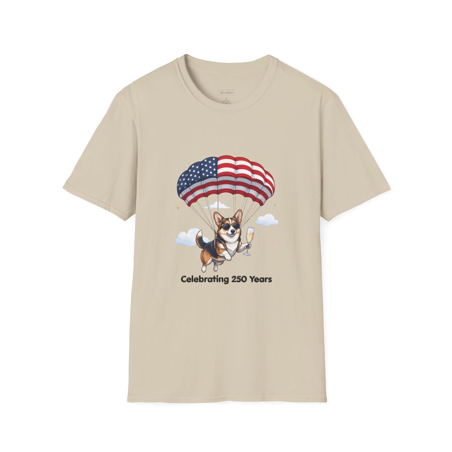 Corgi Parachute American Flag T-Shirt — "Celebrating 250 Years" Patriotic Tee