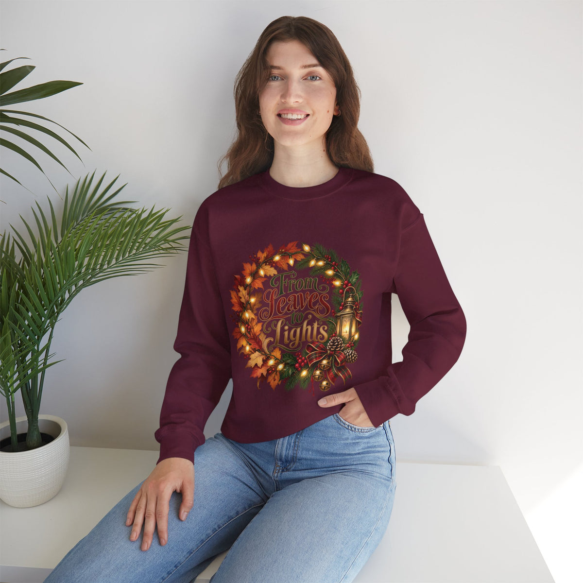 Christmas Crewneck Sweatshirt — "From Leaves to Lights" Autumn to Holiday Wreath Design