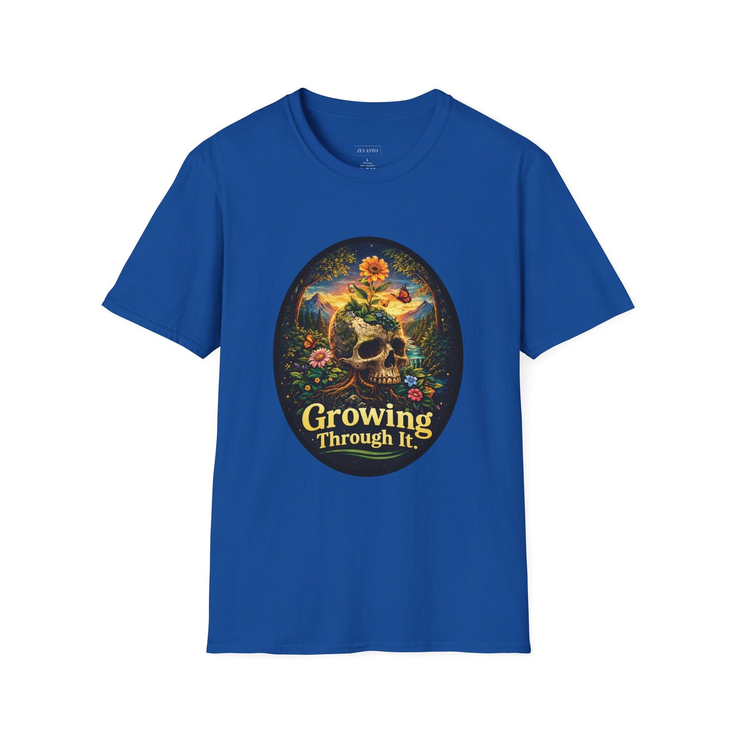 Growing Through It T-Shirt – Earth Day Nature Skull Graphic Tee | Mental Growth & Healing Shirt | Botanical Aesthetic Unisex Tee