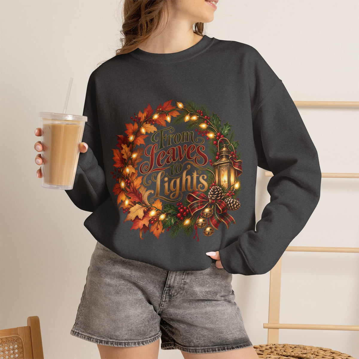 Christmas Crewneck Sweatshirt — "From Leaves to Lights" Autumn to Holiday Wreath Design