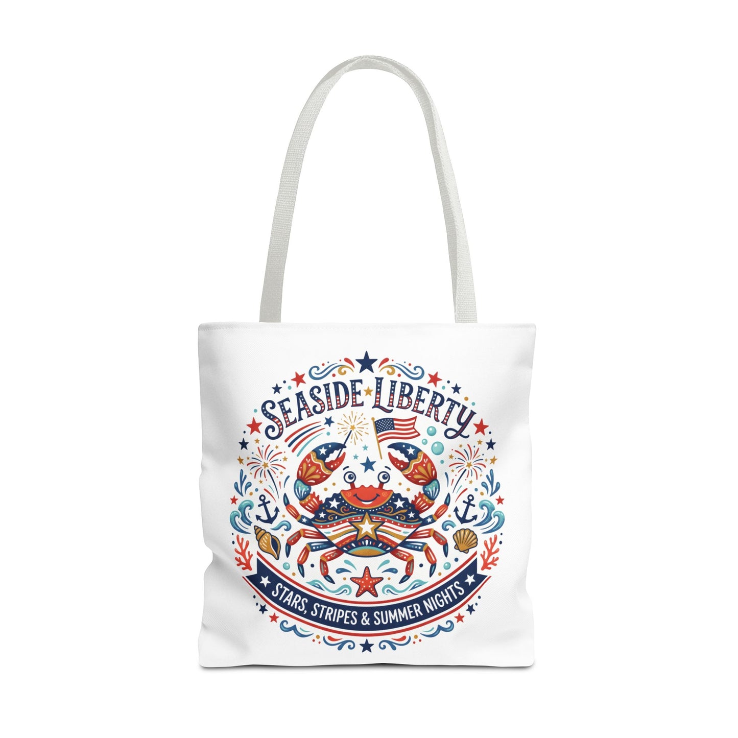 Seaside Liberty Tote Bag — 4th of July, Patriotic Bag "Stars, Stripes & Summer Nights"