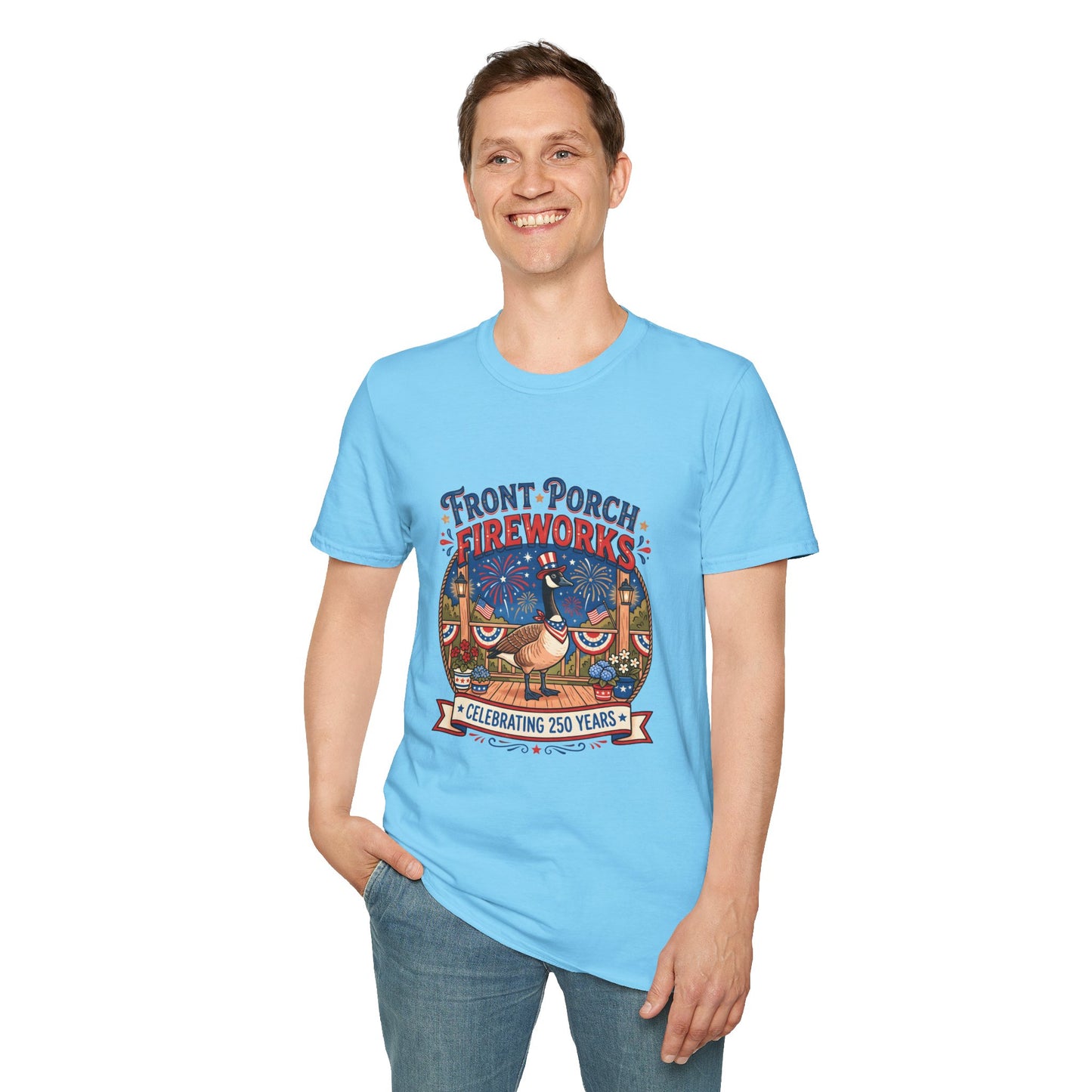 Front Porch Fireworks, Goose T-Shirt — Patriotic 4th of July Celebration Tee