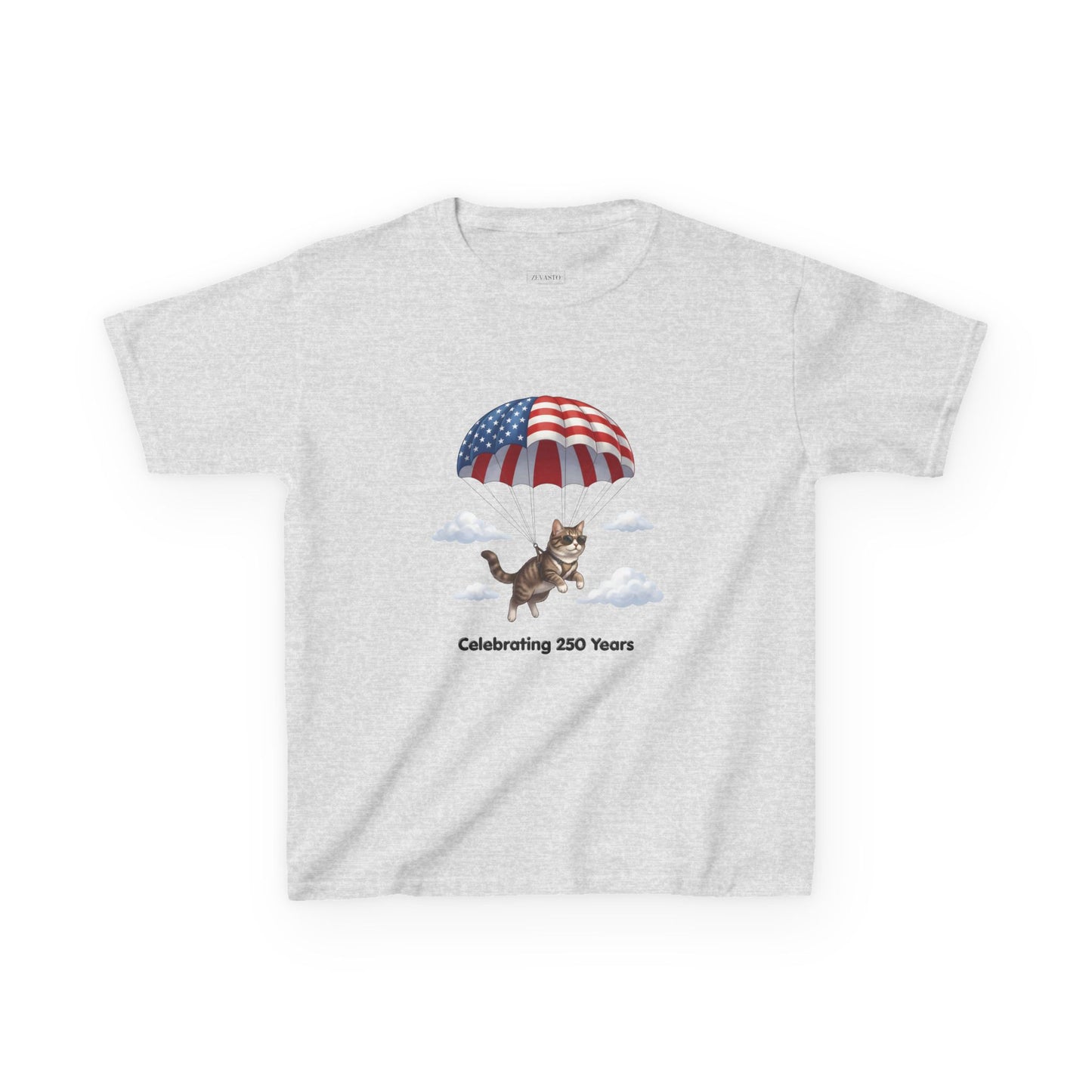 Kids Patriotic Parachuting Cat Tee — "Celebrating 250 Years"