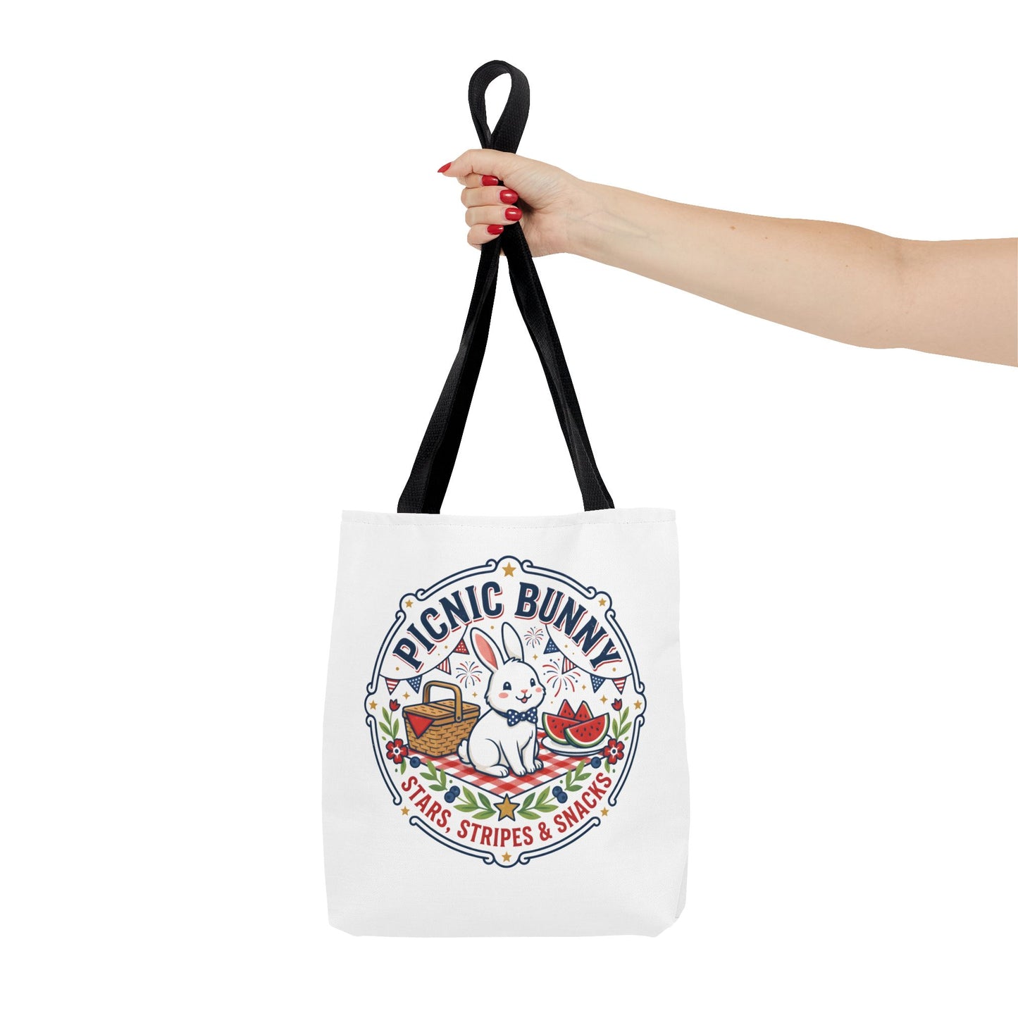 Patriotic Picnic Bunny Tote Bag — ‘Stars, Stripes & Snacks’ Cute Rabbit Picnic Tote, 4th of July Tote