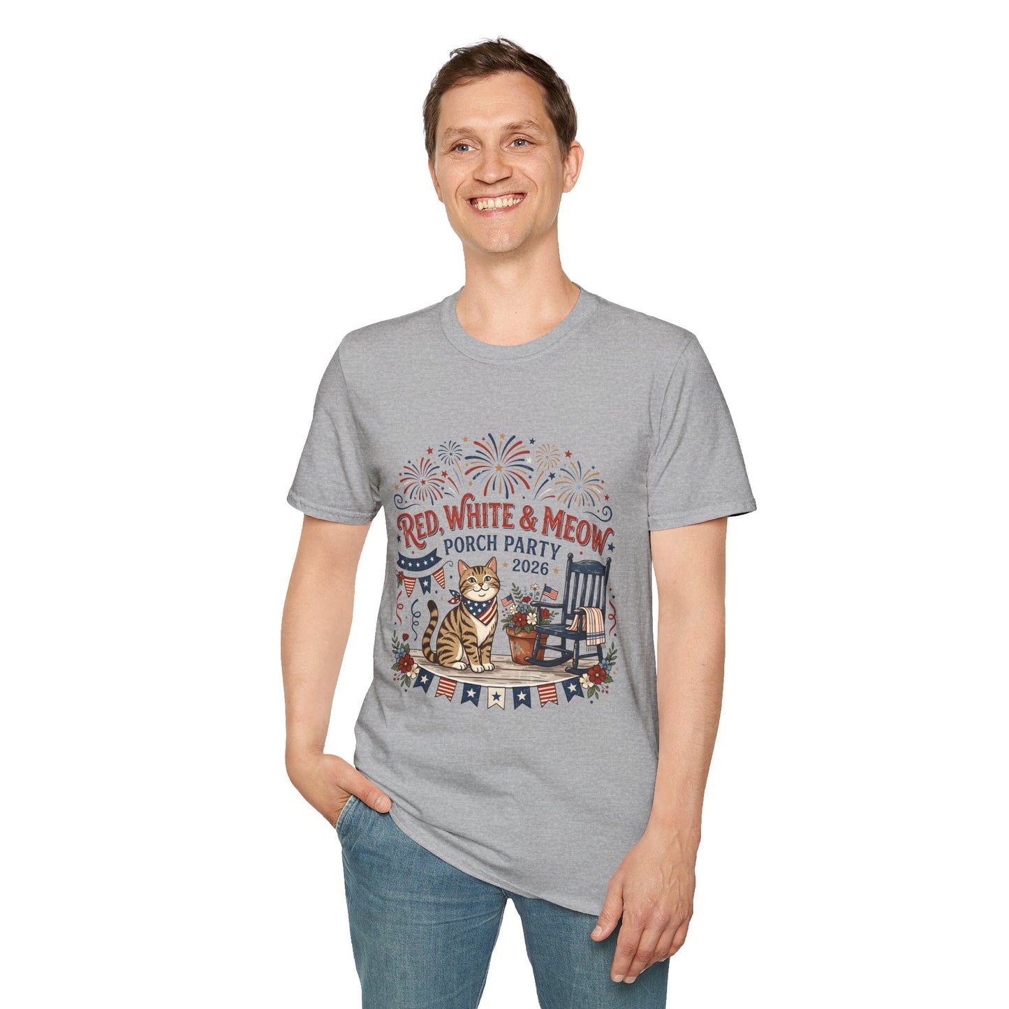 Red, White & Meow Porch Party T-Shirt — 2026 Patriotic Cat Tee, 4th of July Shirt, Independence Day Gift