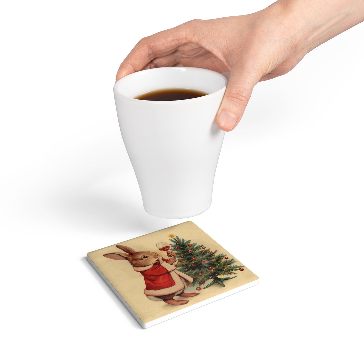 Vintage Christmas Ceramic Coaster — Holiday Tree & Bunny Illustration