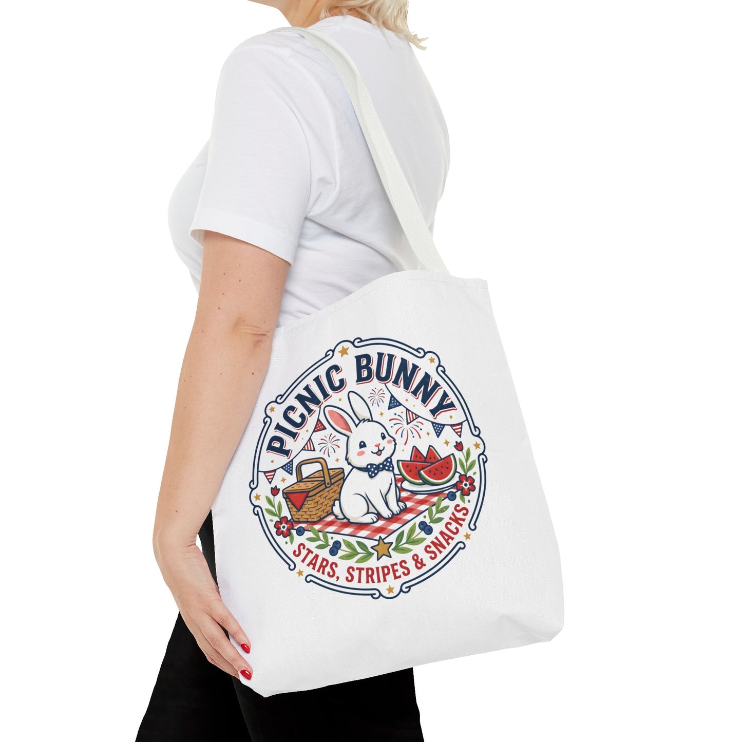 Patriotic Picnic Bunny Tote Bag — ‘Stars, Stripes & Snacks’ Cute Rabbit Picnic Tote, 4th of July Tote