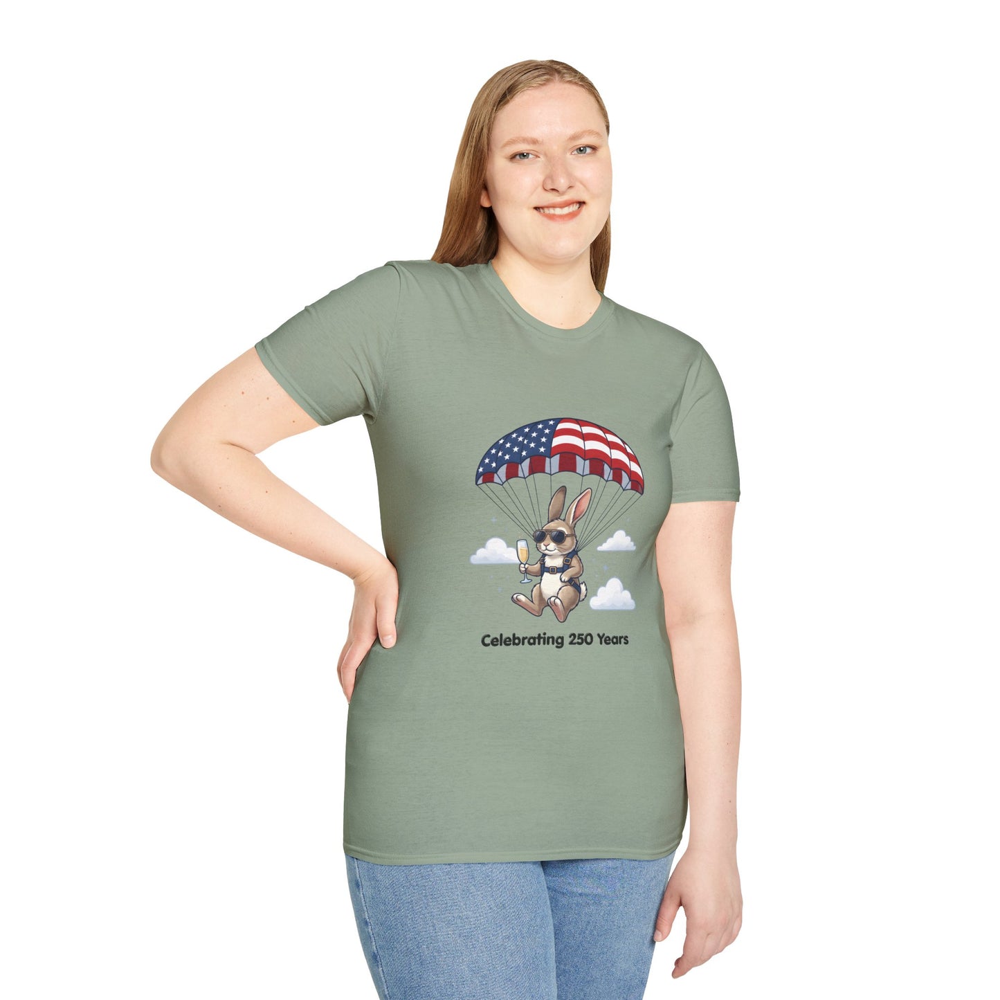 Patriotic Parachuting Bunny T-Shirt — "Celebrating 250 Years"