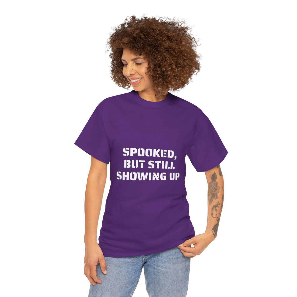 Spooked, But Still Showing Up Unisex Heavy Cotton Tee | Halloween, Funny T-Shirt