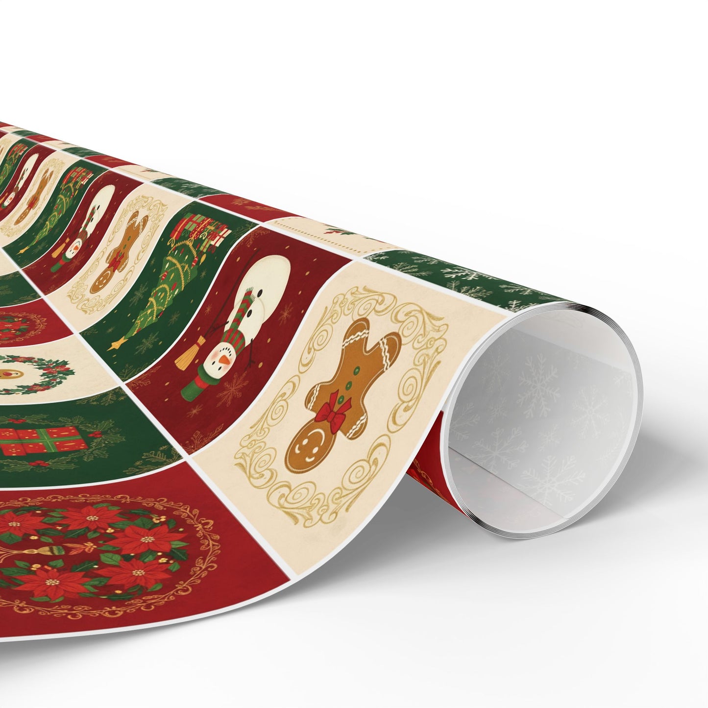 Christmas Patchwork Wrapping Paper Roll — Holiday Gift Wrap with Gingerbread, Snowman & Reindeer